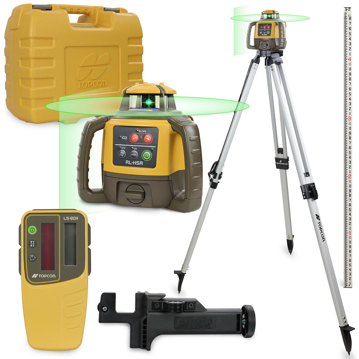 Topcon RL-H5A Laser Transit Leveler Kit - LS-80X Rotary Laser Receiver with Rod Bracket - 36-60in Precision Level 360 Laser Tripod - 13ft Fiber Rod Level Tool with Inch Increments for Construction TOPCON