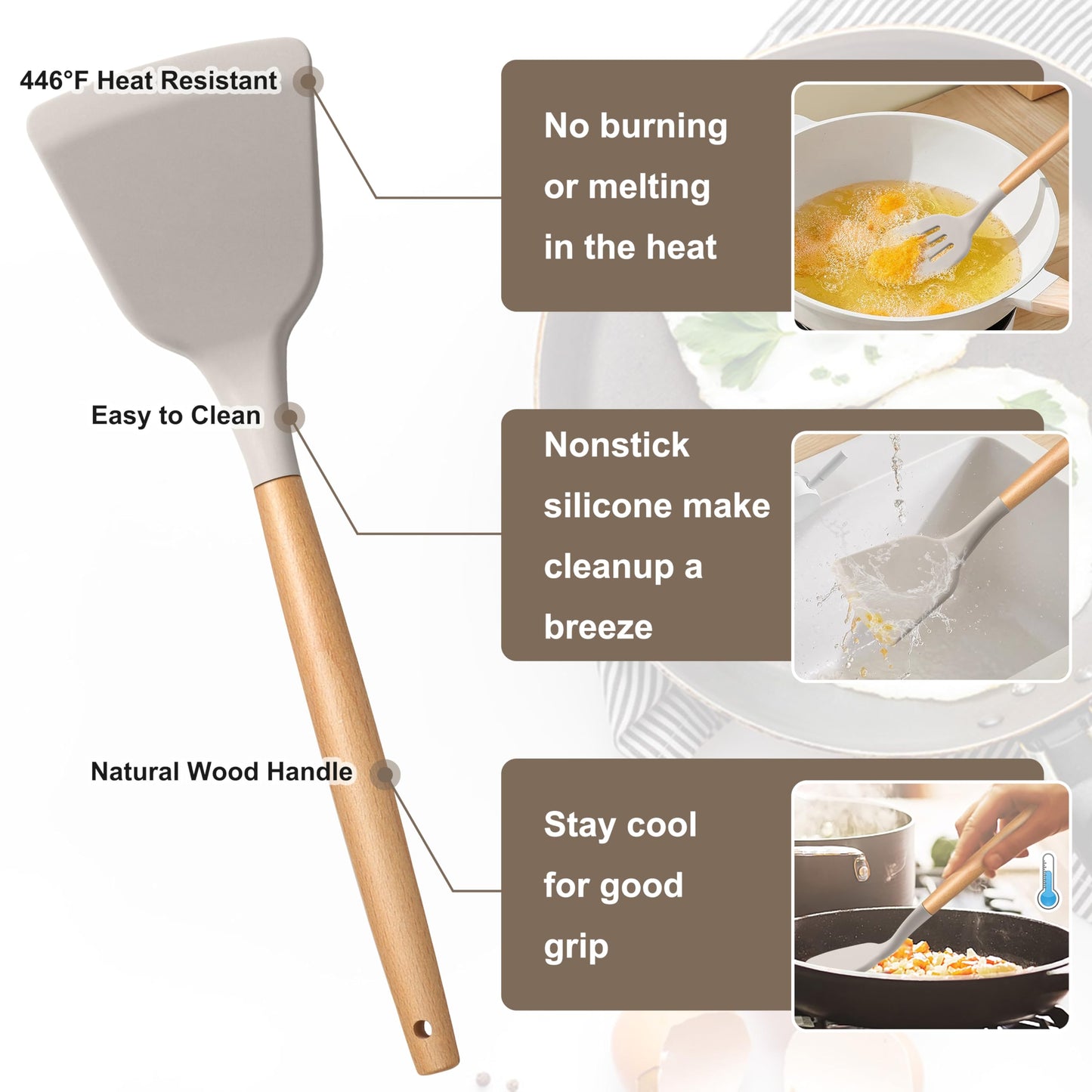 E-far Silicone Cooking Utensils Set, 10-Piece Heat Resistant Kitchen Utensils Set with Wooden Handle for Nonstick Cookware, Kitchen Nonstick Tools Spatula Whisk Tongs Ladle, Non-toxic & Healthy(Khaki)