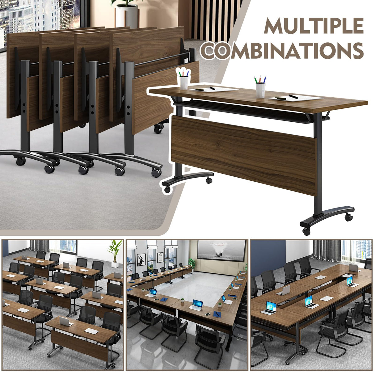 Conference Table, Folding Conference Room Tables With Flip-Top Design Rectangular Modular Conference Room Table with Caster, for Office Conference Room Training Room ( 6PCS 55.1 * 23.6 * 29.5in) GOYQGLE