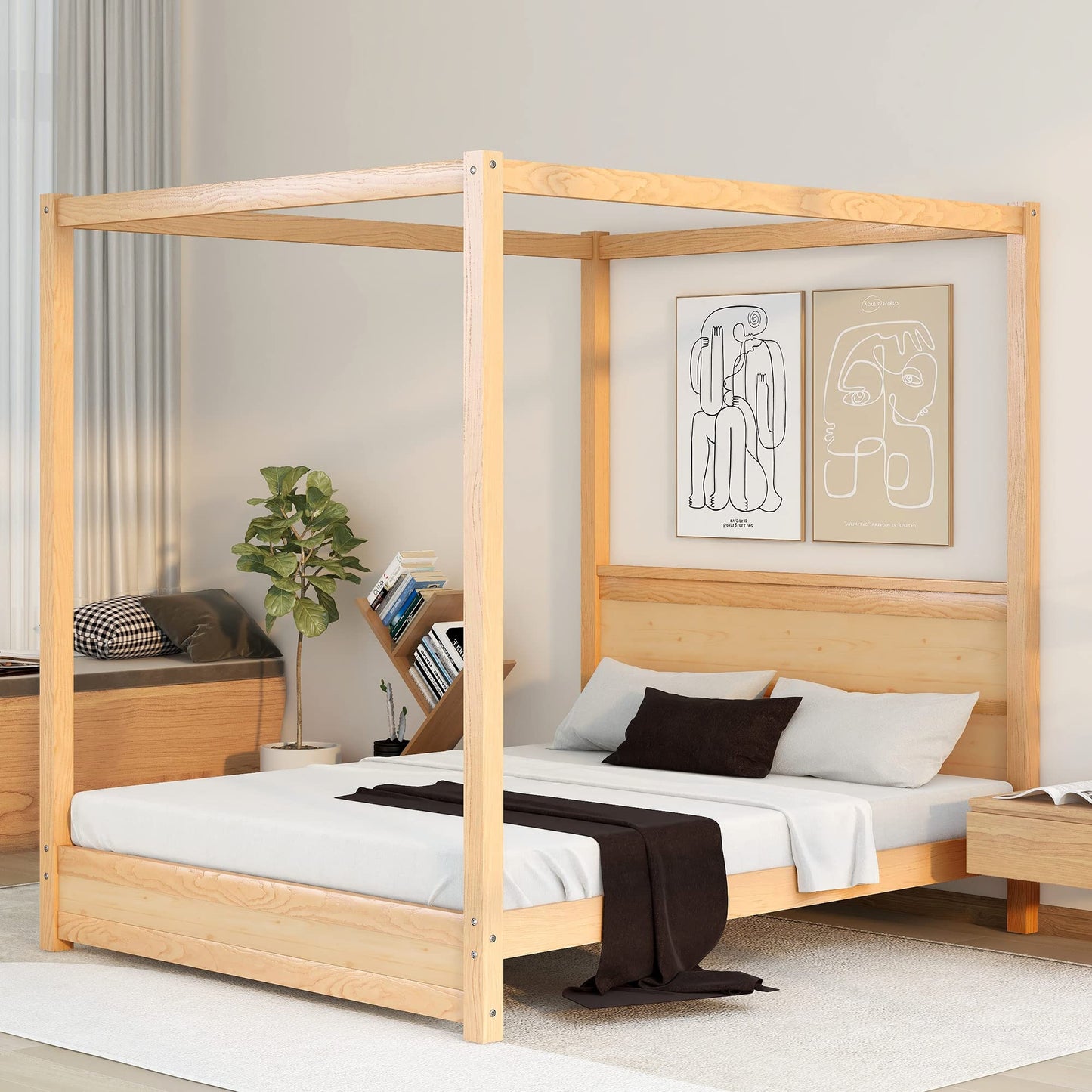 Bellemave Canopy Bed Frame Queen Wood 4-Poster Panel Beds Modern Size Platform with Headboard, No Box Spring Needed, Natural