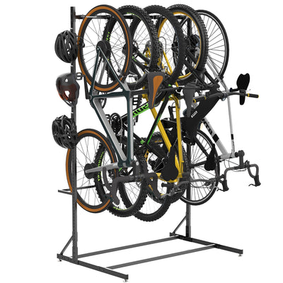 Lezbanz Freestanding Bike Storage Rack for 5 Bikes, 52" Wide Steel Vertical Bike Rack with 5 Bike Hooks & 6 Hooks for Helmet Storage, Bike Racks for Home and Garage, Indoor Floor Bike Stand