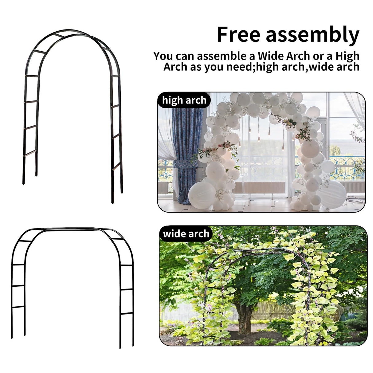 RUBFAC Metal Garden Arch, Wedding & Event Decoration, Garden Trellis for Climbing Plants, Assemble Freely 2 Sizes for Various Climbing Plant Roses Vines Bridal Party Decoration, Black, 1 Pack rubfac