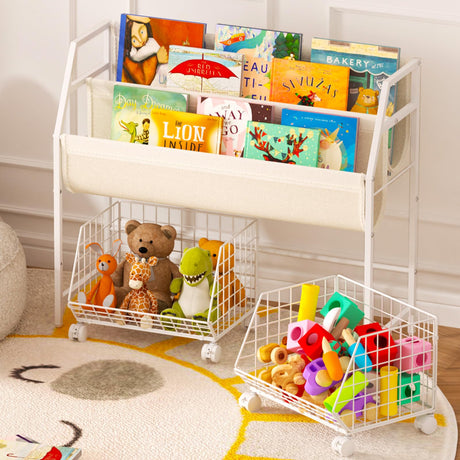 Kids Bookshelf and Toy Storage with 2 Lockable Rolling Baskets – Small Book Shelf for Kids Rooms, Montessori Children Toddler Bookshelf for Nursery, Playroom, Bedroom, Holds Up to 20 Books & Toys koozuuyk
