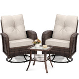 wildformers 2 Luxury Outdoor Swivel Wicker Glider Patio Chairs with Table Set, Overstuffed Washable Cushions, Ideal for Porch, Balcony, Deck, Brown Rattan and Beige Cushions wildformers