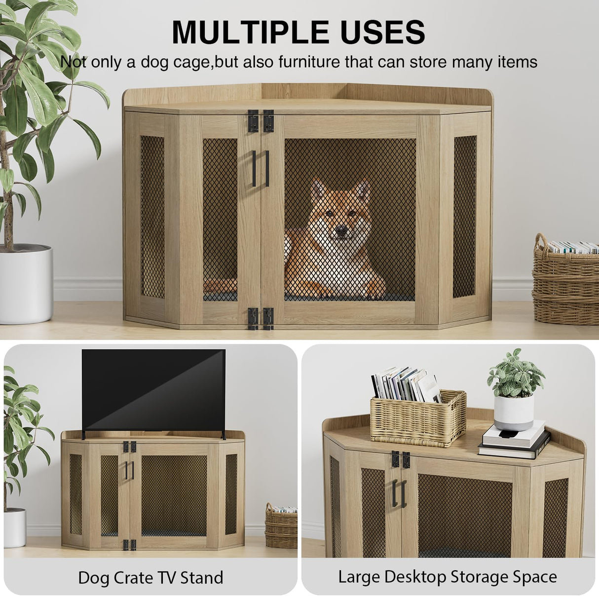 Corner Dog Crate Furniture - Dog Crate Cage for Small Medium Dogs, Wooden Indoor Aesthetic Puppy Kennel TV Stand, Modern Decorative Pet House Dog Cage, Light Oak Giluta