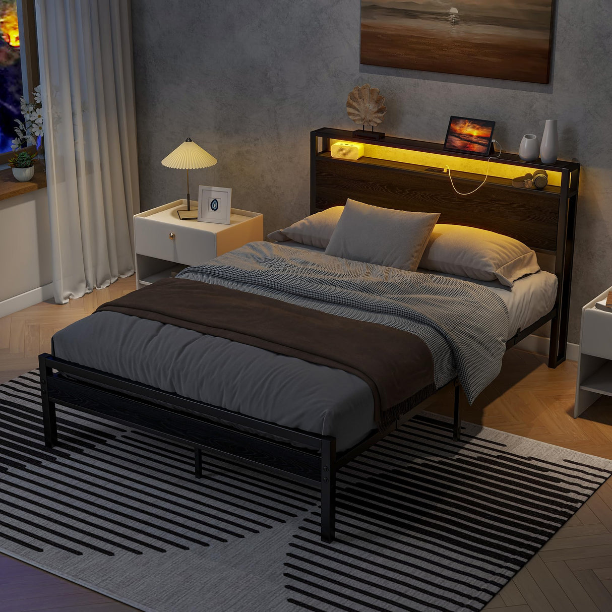 HOJINLINERO Full Size Bed Frame with Storage Headboard/LED Lights,Metal Bed Frame Full Size with Charging Station,Platform Bed Frame Full Size No Box Spring Needed,Heavy Duty Metal Slats Support,Black HOJINLINERO