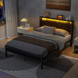 HOJINLINERO Full Size Bed Frame with Storage Headboard/LED Lights,Metal Bed Frame Full Size with Charging Station,Platform Bed Frame Full Size No Box Spring Needed,Heavy Duty Metal Slats Support,Black HOJINLINERO