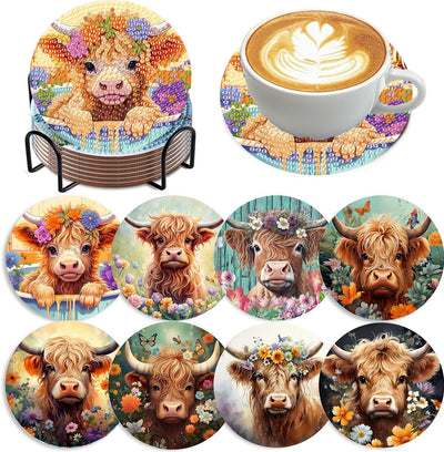 8 Pack Diamond Art Coasters Kits - Highland Cow Diamond Painting Coasters Kit Set with Holder Cork Pads, DIY Cow Diamonds Art Non Slip Coaster Crafts Kits for Adults Beginners Gifts