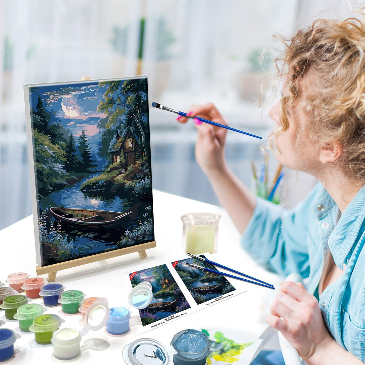 ATDMS Landscape Paint by Numbers Kit for Adult with Easel DIY Cabin Paint by Number with Frame Lake House Digital Oil Painting Kits for Wall Hanging Home Room Decor 7.87x11.81 Inch ATDMS