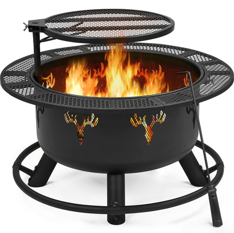 Yaheetech 32in Fire Pit Outdoor Wood Burning Firepits Outdoor Fireplace with 18.5 Inch Swivel Cooking Grill Grate & Poker Fire Bowl for Camping, Backyard, BBQ, Garden, Bonfire Yaheetech