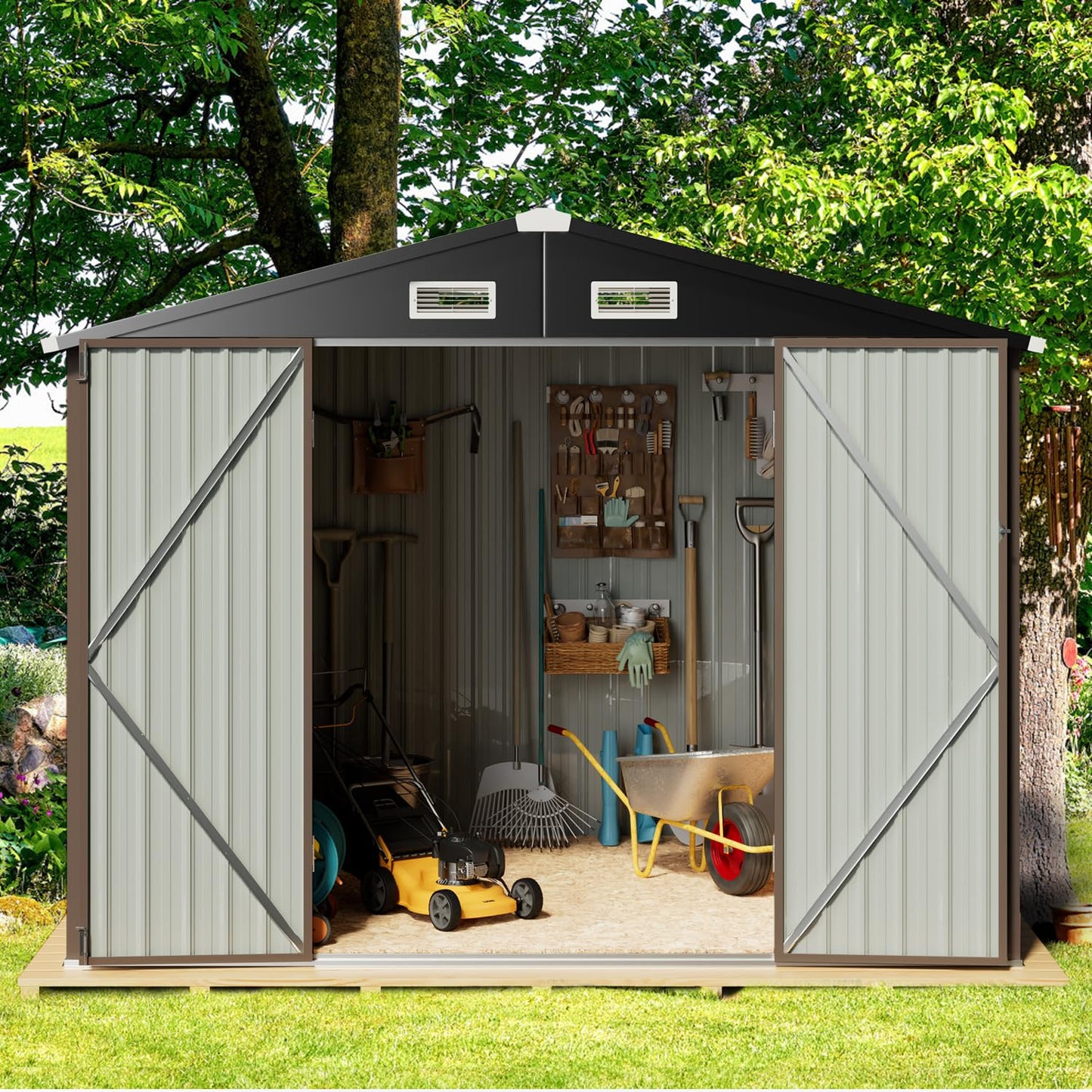 Breezestival Outdoor Storage Shed 5.6x8.5 FT, Utility Steel Tool Shed with Lockable Door and Air Vents, Galvanized Metal Shed for Garden Backyard Patio Lawn (6' x 8')