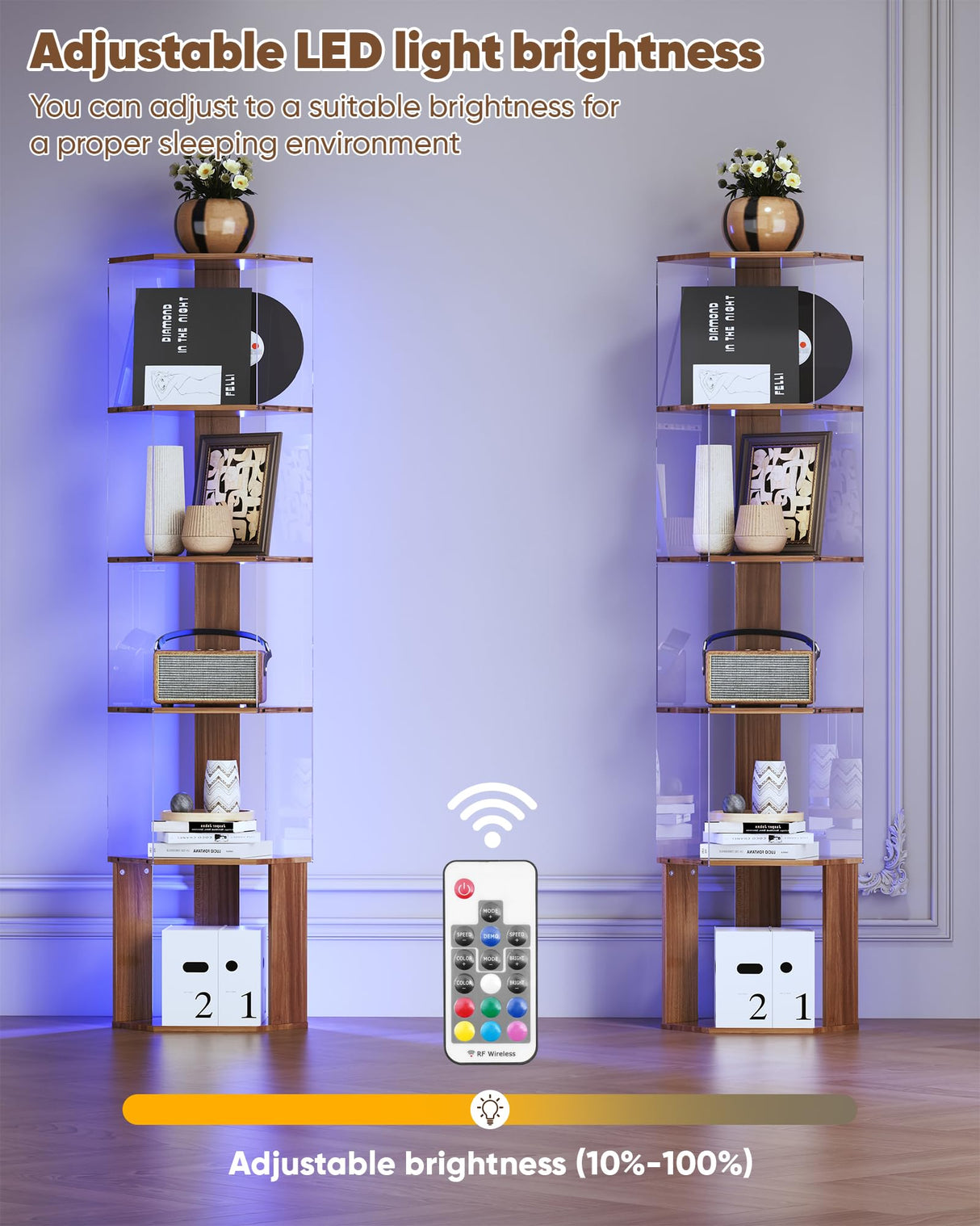 6 Tier Corner Shelf with Adjustable LED Light Corner Shelf Stand 62.8in High Acrylic Corner Display Cabinet for Living Room Bedroom Study Room Baoz