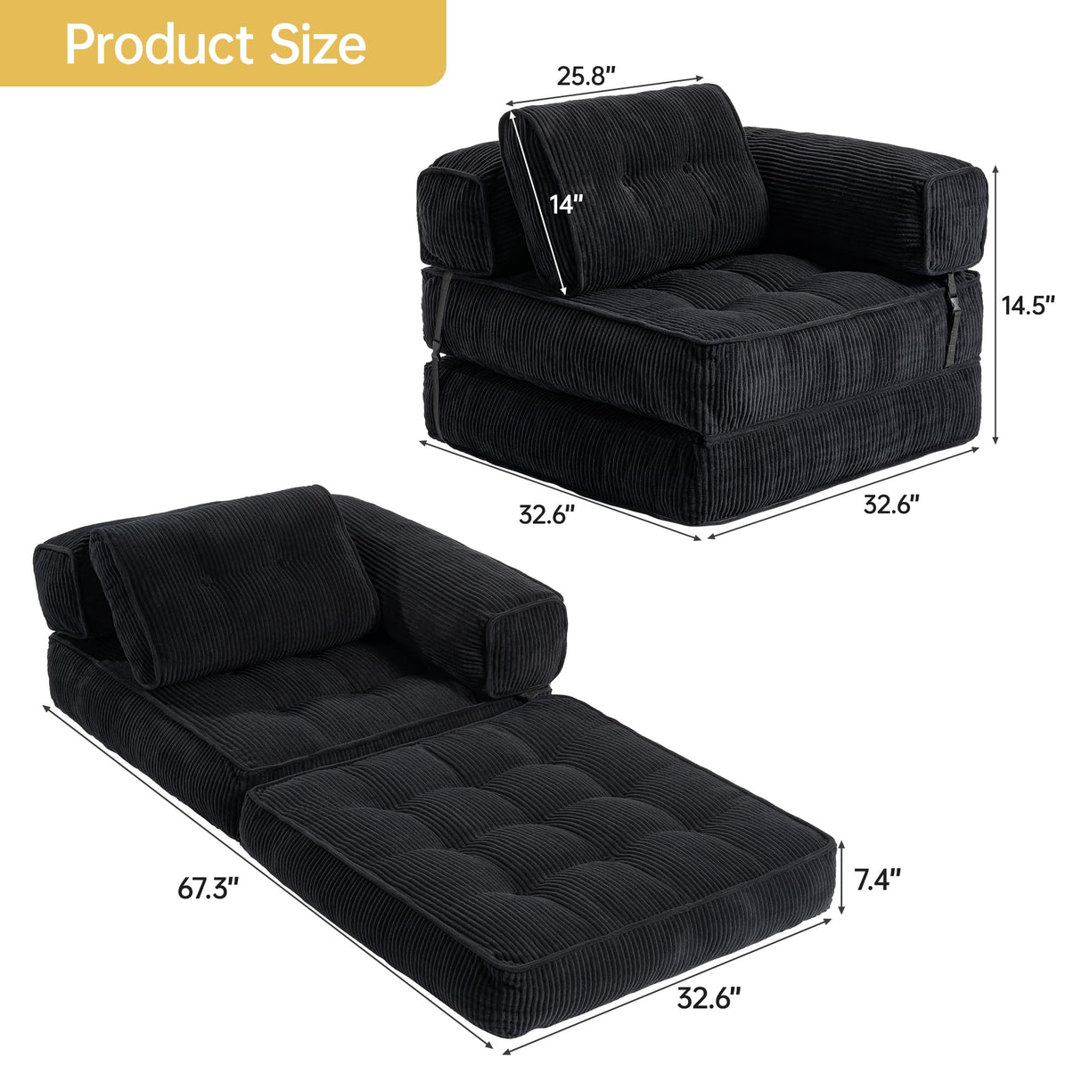 Airynee Convertible Folding Sofa Bed, L- Shaped Sleeper Chair Bed with Armrest and Pillow, Fold Out Sleeper Sofa, Comfortable Floor Couch for Small Spaces/Living Room/Bedroom, Single, Black Airynee