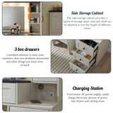 ACCOHOHO Farmhouse Vanity Desk with Mirror and Lights, 43" Wide Makeup Vanity with Glass Tabletop and Charging Station, Modern Vanity Table Set with Storage and Stool for Bedroom, Off White ACCOHOHO