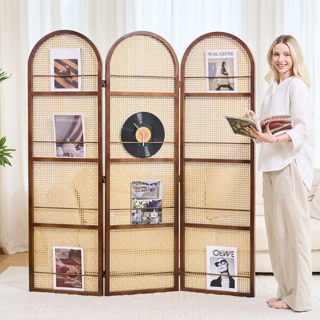 Rattan Room Divider with Bookshelf,Foldable Privacy Screen Partition,Wooden Frame,Natural Portable for Living Room,Bedroom Home,Office Reading Nook (Walnut, 3 Panels) Svimi