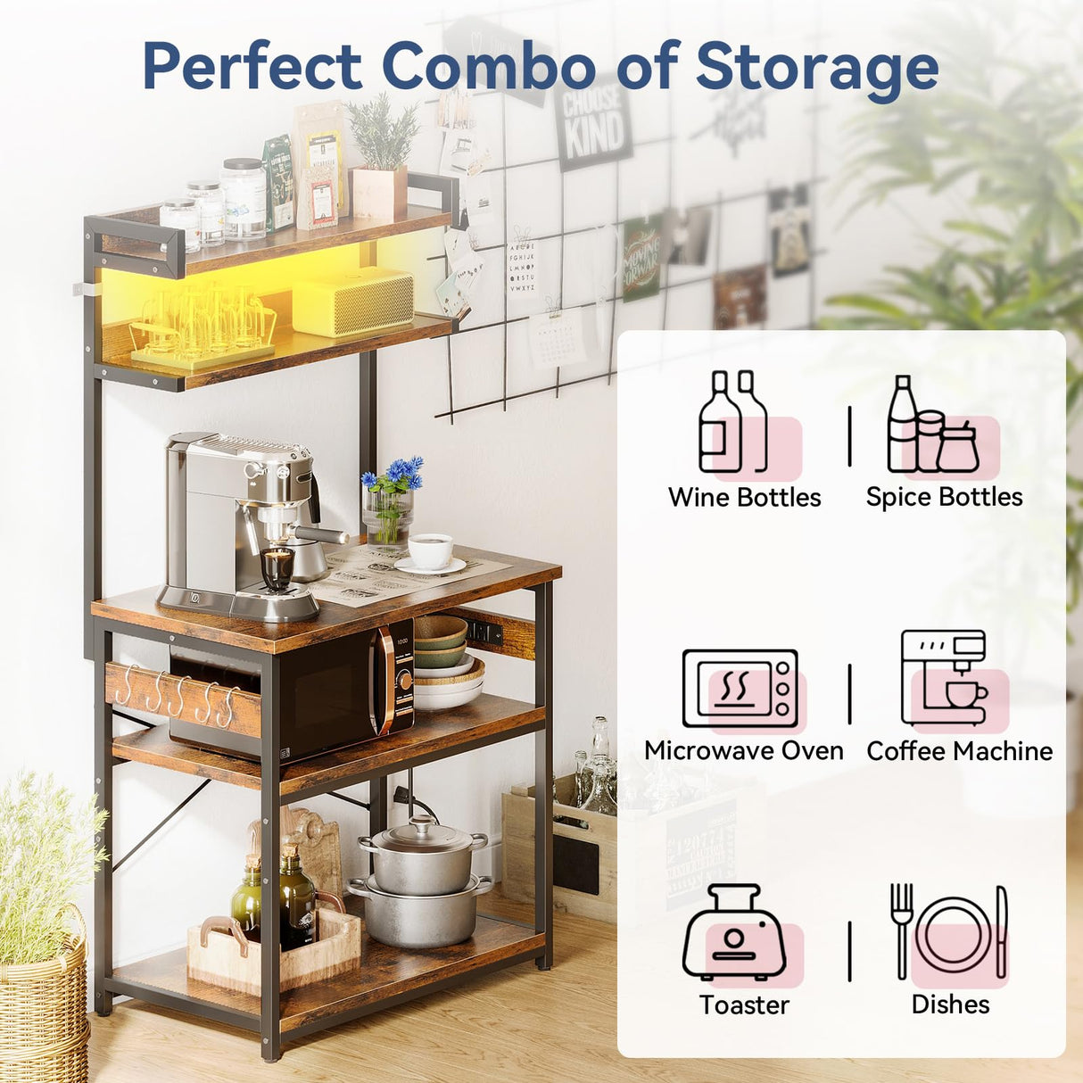 Casaottima Bakers Rack with Power Outlet & LED Lights, Coffee Bar with Storage 5-Tiers, Microwave Stand Kitchen Shelf 16.5 * 31.5 * 59 inches, Kitchen Coffee Rack, Rustic Brown Casaottima