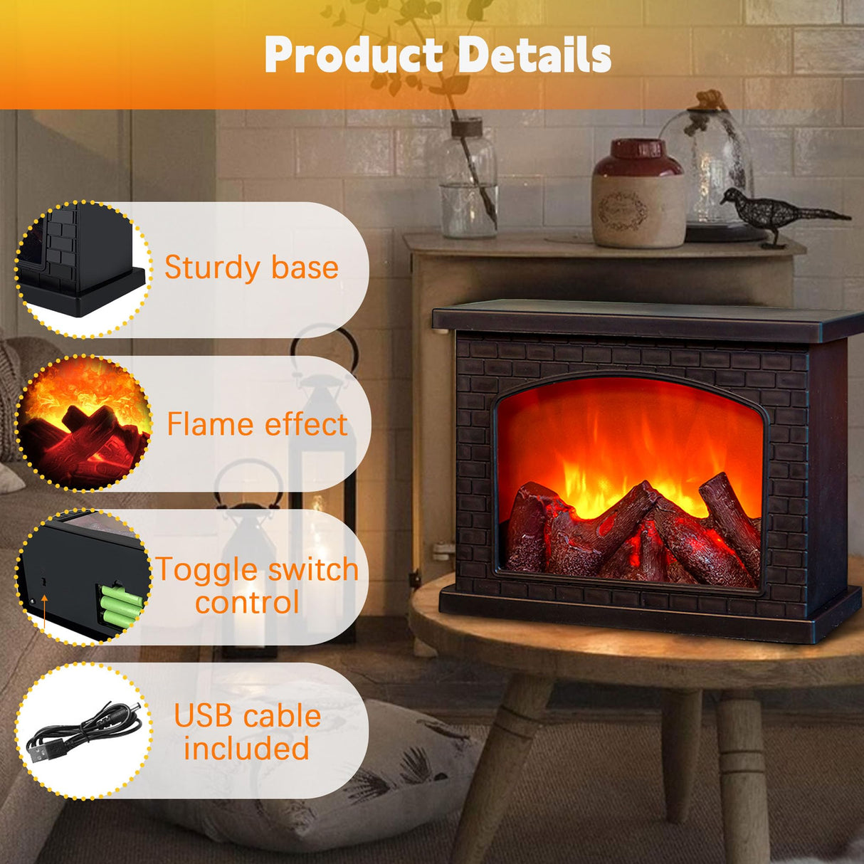 Fireplace Lanterns Decorative,Small Fake Fire Place,Flame Effect LED Fire Lamp,Battery Operated USB Charge Portable Fireplace,Indoor Outdoor Christmas Decoration (No Heater Function Black) WLHONG