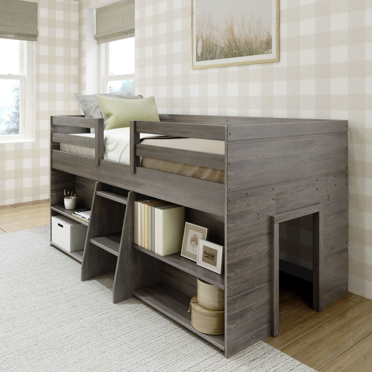 Max & Lily Driftwood Modern Farmhouse Low Loft Bed with 2 Bookcases for Kids Max & Lily