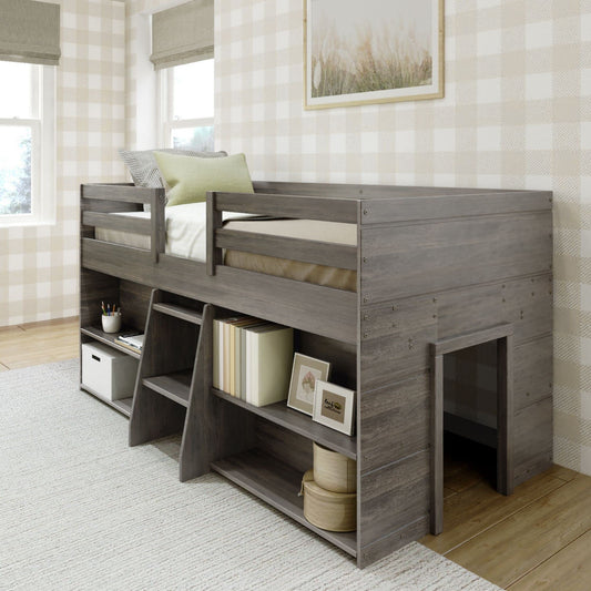 Max & Lily Driftwood Modern Farmhouse Low Loft Bed with 2 Bookcases for Kids - WoodArtSupply