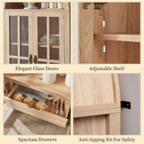 71" Tall Arched Kitchen Pantry Storage Cabinet with Glass Doors, 5 Tier Modern Bookshelf with 2 Drawers, Wooden Storage Cabinet with Doors and Shelves for Living & Dining Room, Bathroom, Laundry Room Okvnbjk