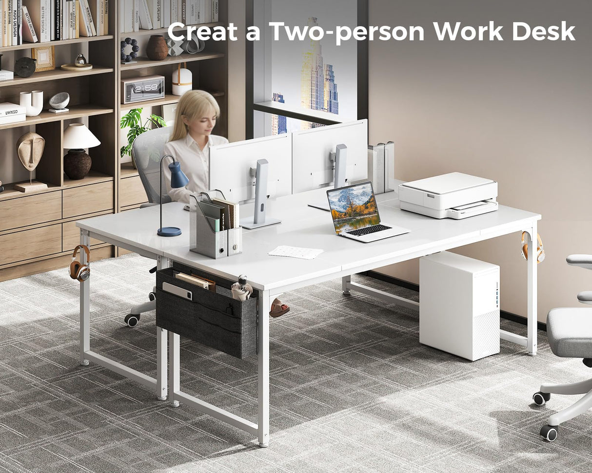 ODK Computer Desk Large Office Desk, 63 Inch Gaming Desk with Storage, Modern PC Desk Work Table with Headphone Hook for Home Office, Splice Board, White + White Leg ODK