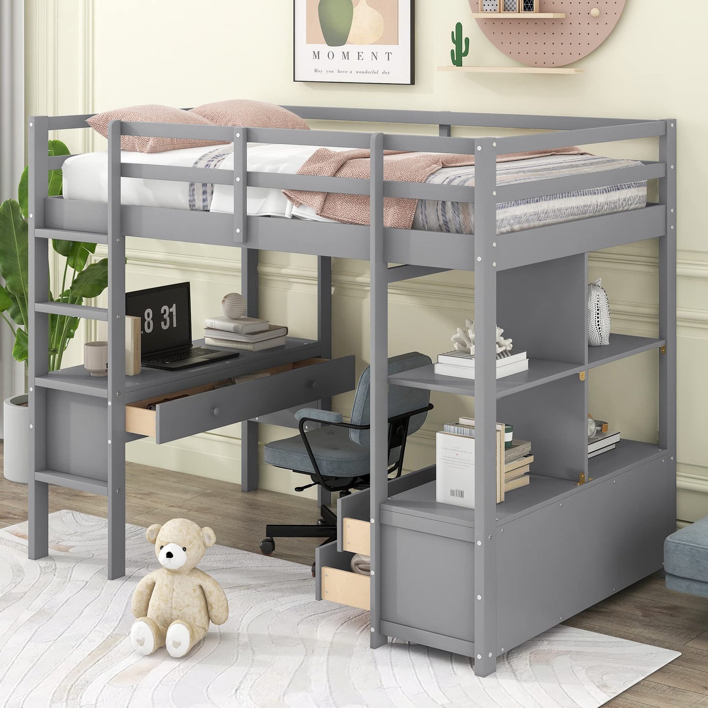 Harper & Bright Designs Twin Size Loft Bed with Desk and Storage, Wood High Loft Bed Frame with Shelves, Multifunctional Loft Bed Twin for Kids Teens Adults (Grey) - WoodArtSupply