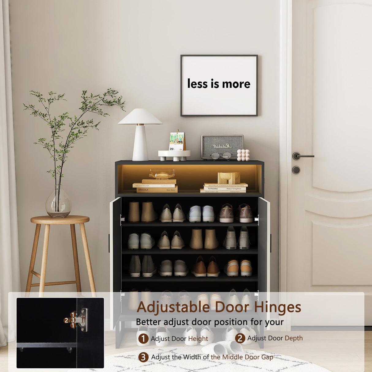 HOLISUN Modern Shoe Storage Cabinet for Entryway, 31.5" Shoe Rack Organizer with Doors and Ajustable Shelf, Shoe Cabinet with LED Lights for Hallway, Entrance (Black+Light Yellow+LED 31.5") HOLISUN