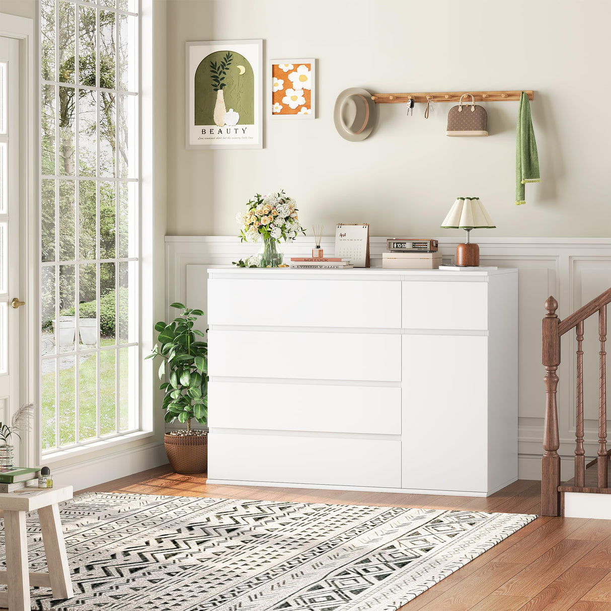 FOTOSOK White Dresser with 19.5'' Deeper Depth, White Chest of Drawers Modern Dresser for TV Stand, Nursery Dresser Wide Storage Chests of Drawer with Door, Deep Drawers and Wide Storage Space FOTOSOK
