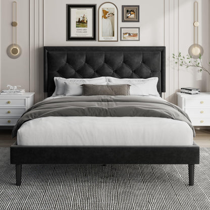 Sismplly Queen Size Platform Bed Frame with Velvet Headboard, Modern Upholstered Mattress Foundation with Wooden Slats Support, No Box Spring Needed, Noise Free, Easy Assembly, Black