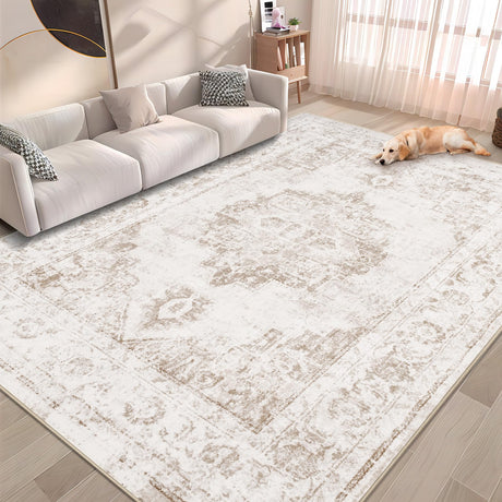 Area Rug 5x7 Vintage Rug: Washable Indoor Medallion Rugs Low Pile Distressed Floor Carpet Retro Accent Rug for Living Room Bedroom Kitchen Dining Table Home Office(Beige, 5'x7') Zomfy