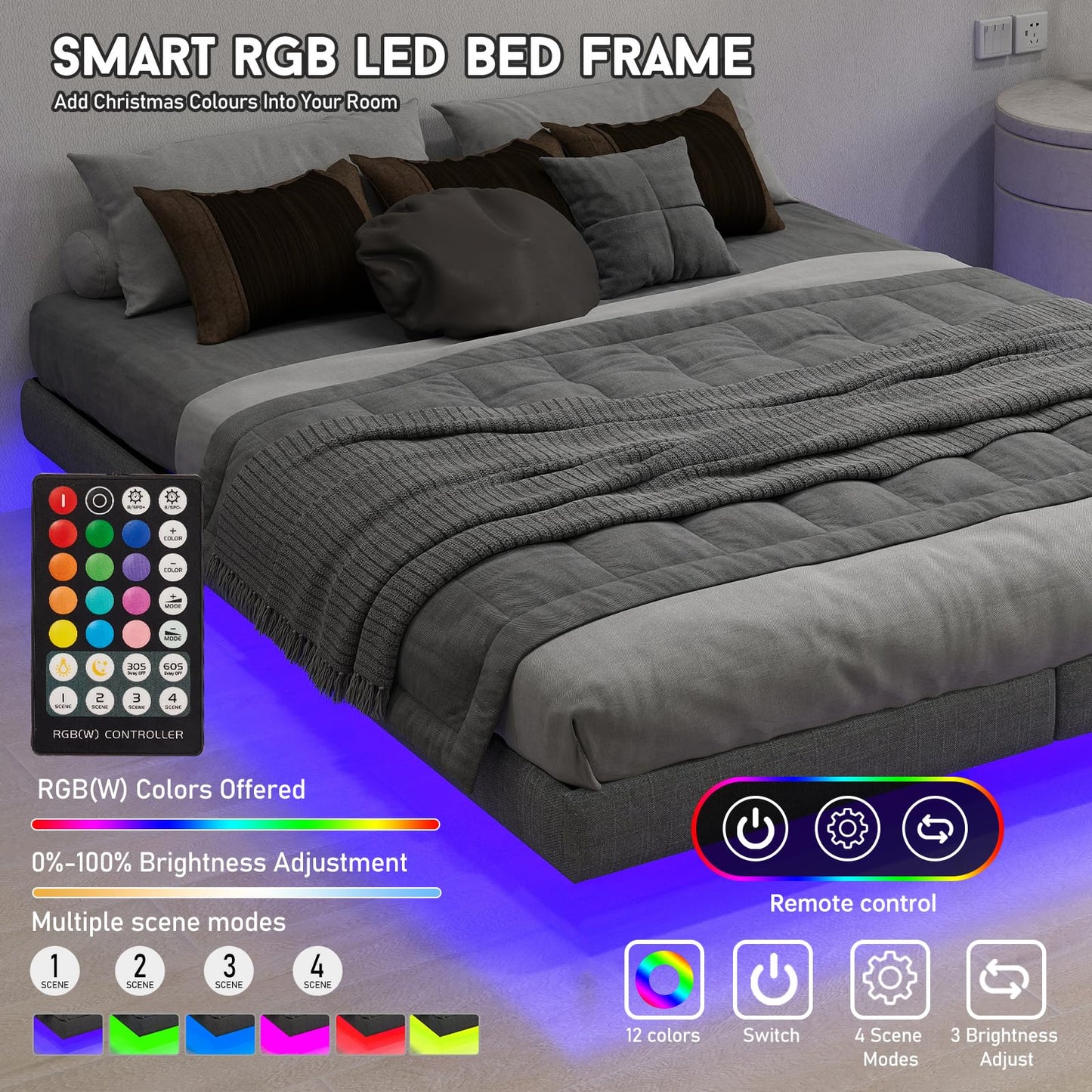 Anhave 10.6" High King Floating Bed Frame with LED Lights & Heavy-Duty Support - WoodArtSupply