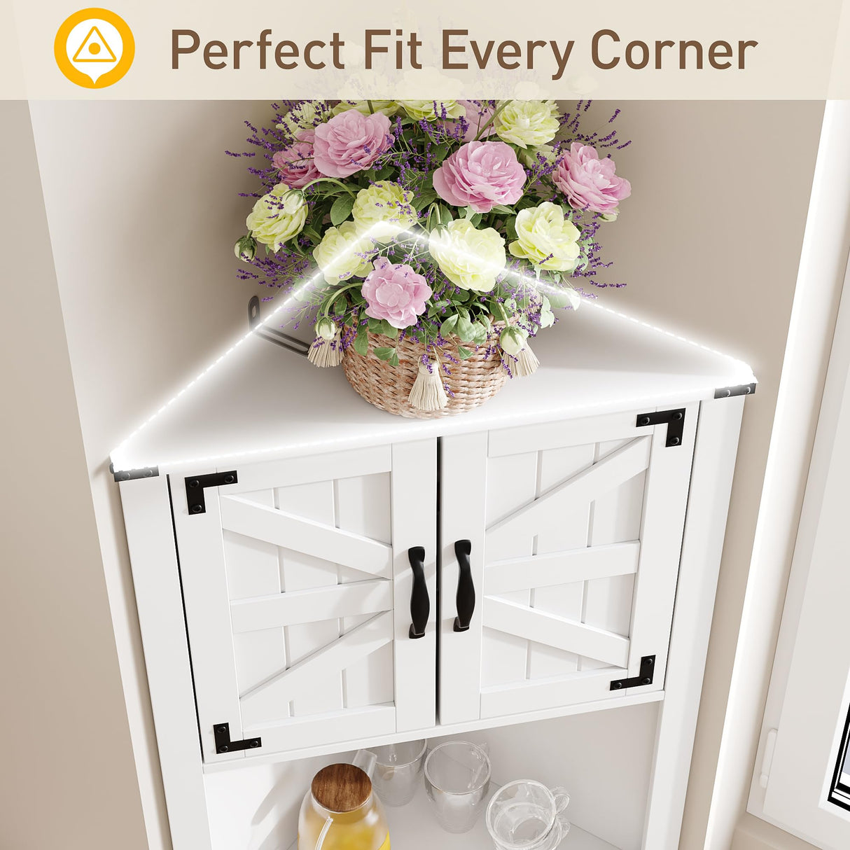 Maupvit 68" Tall Corner Cabinet with 4 Barn Doors & Adjustable Shelves, Farmhouse Bathroom Cabinet with Storage, Home Space Saver Corner Display Shelves for Living Room, Kitchen, Bathroom, White Maupvit