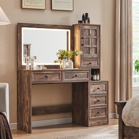 Aitjunz Farmhouse Vanity Desk with Touch Screen LED Mirror, 47" Big Make Up Table with 6 Drawers, Glass Top, Charging Station, Rustic Wood Dressing Table w/3 Color Available, Light Brown Aitjunz