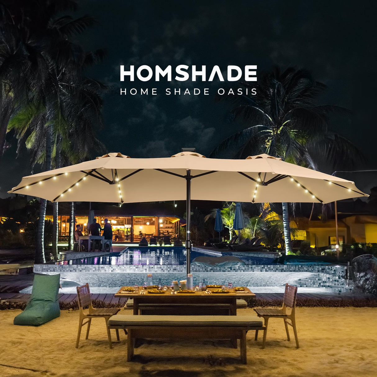 HOMSHADE Double Sided Patio Umbrellas - 15ft Solar Lights LED Lighted Outdoor Extra Large Market Table Umbrella with Base Included, Oversized Umbrella for Deck, Pool, Backyard (Beige) HOMSHADE