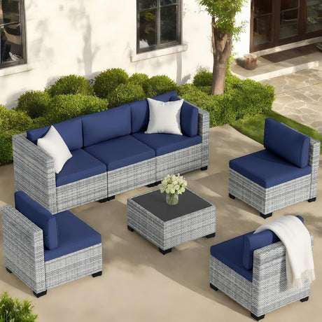 XTWEEX 7-Piece Outdoor Rattan Sectional Sofa Set, Gray Wicker Patio Furniture Sets with Navy Blue Cushions for Balcony, Porch, Backyard XTWEEX