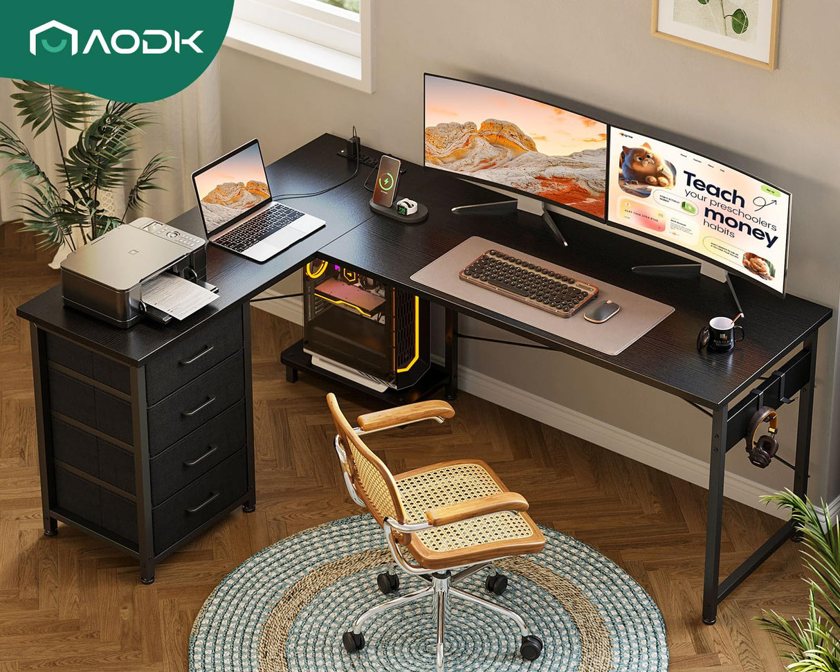 AODK L Shaped Gaming Desk with 4 Drawers, 61" Reversible Home Office Desks with Power Outlets, L Shaped Computer Desk with USB Charging Port and Host Stand, Corner Desk, Easy to Assemble, Black AODK