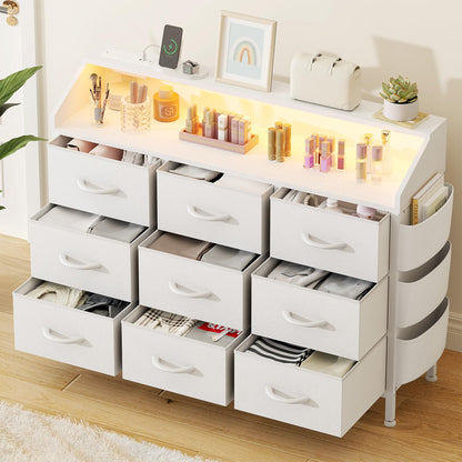 Lulive White Dresser for Bedroom 9 Drawers - Fabric Dressers for Bedroom with LED Light & Charging Station - Kids Adults Chest of Drawers for Living Room Hallway Closet Nursery (White) - WoodArtSupply