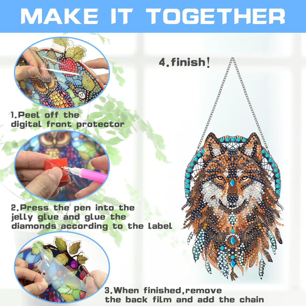 VAIIEYO Wolf Diamond Painting Hanging, Animal Diamond Painting Suncatchers Double Side Window Hanging Kit with Chain, 7.5x7.5 inch Crystal Pendant Art Craft for Gift Home Wall Front Door Decoration VAIIEYO