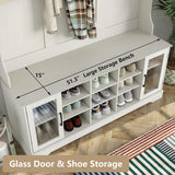 Furnihold 51.3'' Hall Tree, Off White Entryway Bench with Coat Rack, 10 Shoe Storage & 7 Coat Hooks & Adjustable Shelf, Glass Door Farmhouse Wooden Style Hall Tree with Shoe Storage Bench Furnihold