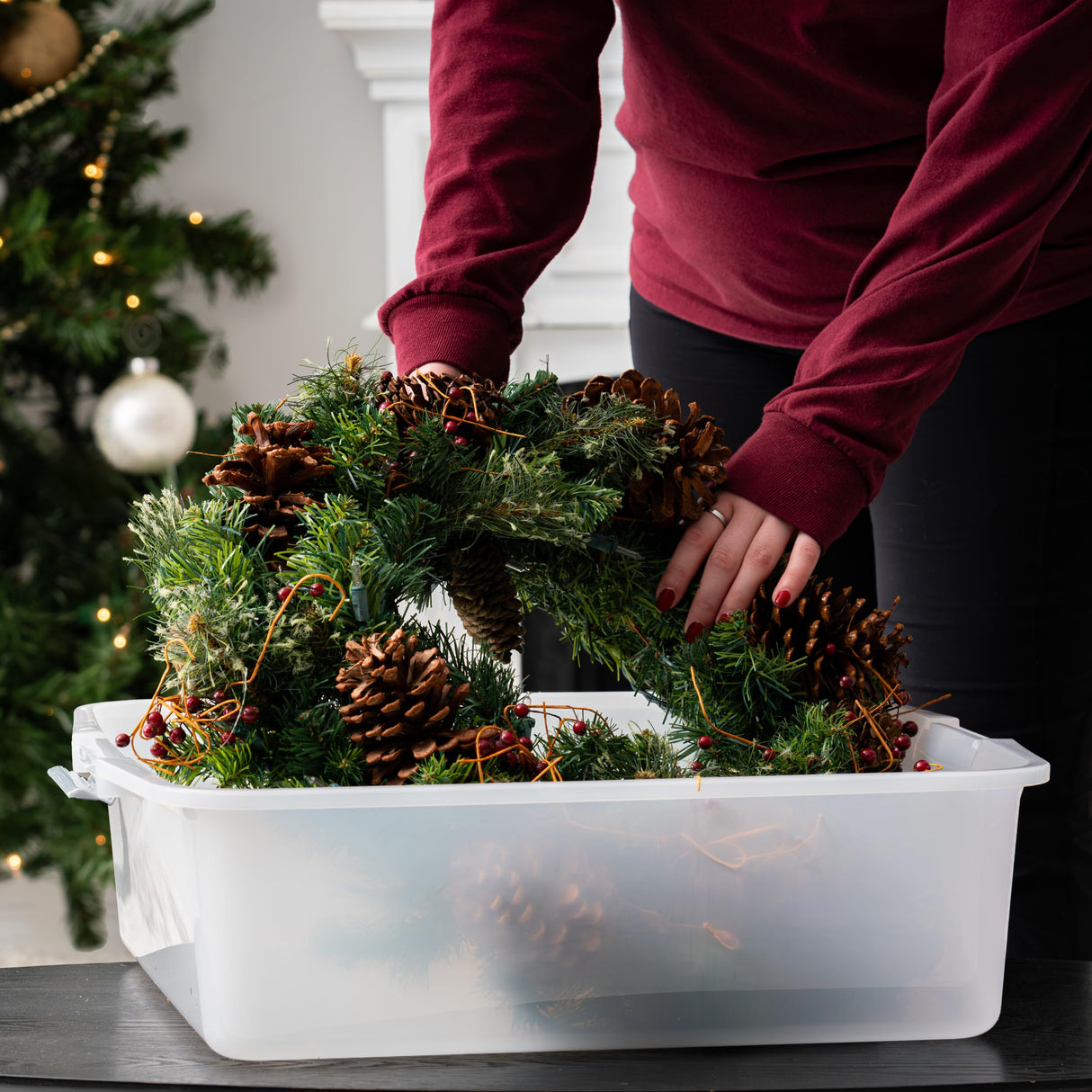 IRIS USA 33 Qt. Holiday Wreath Storage Container Box with Lid, 3-pack, Stackable Under Bed Storage Organizer Bin with Latching Buckles for 20" Wreaths Festive Holiday Decorations Garlands, Clear/Red IRIS USA