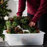 IRIS USA 33 Qt. Holiday Wreath Storage Container Box with Lid, 3-pack, Stackable Under Bed Storage Organizer Bin with Latching Buckles for 20" Wreaths Festive Holiday Decorations Garlands, Clear/Red IRIS USA