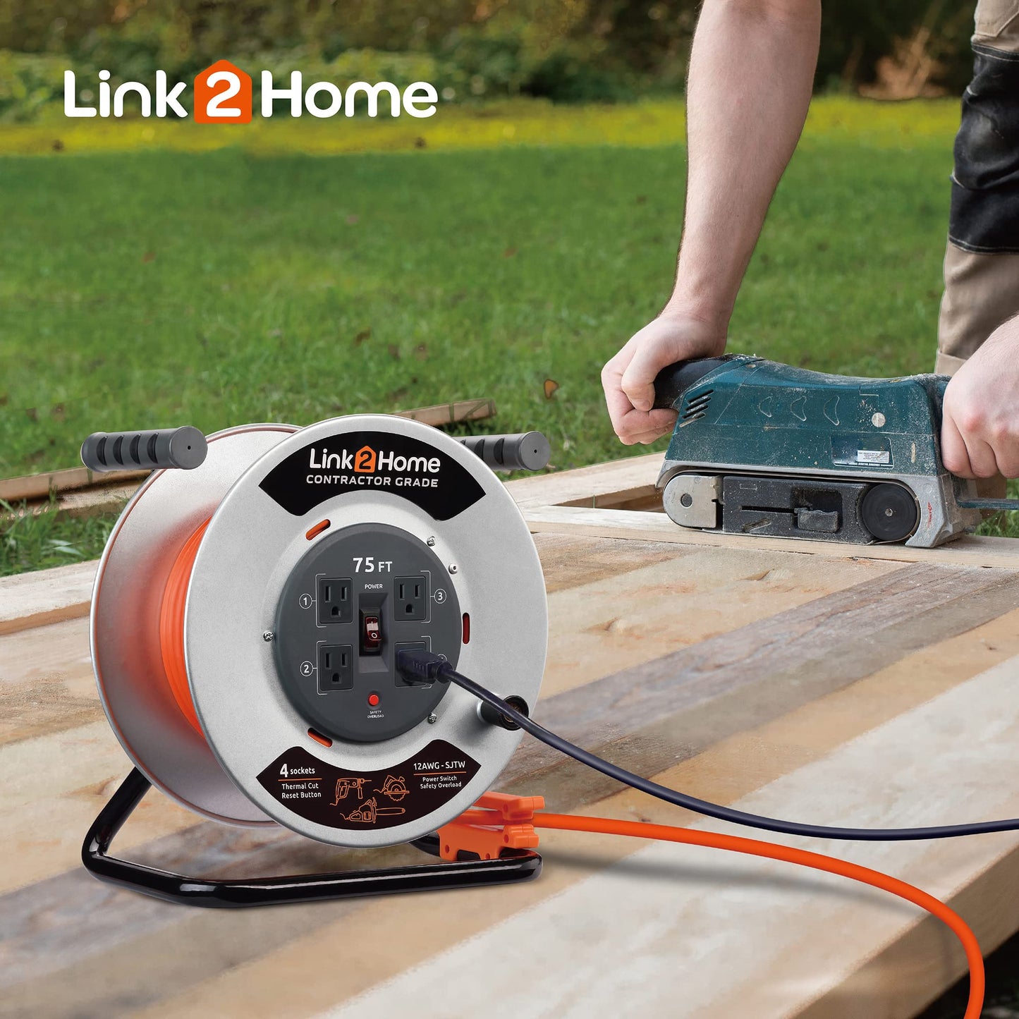 Link2Home Contractor Grade Retractable Extension Cord Reel 75 Ft. With 4 Outlets & Heavy Duty/High Visibility 3-Prong SJTW Cord