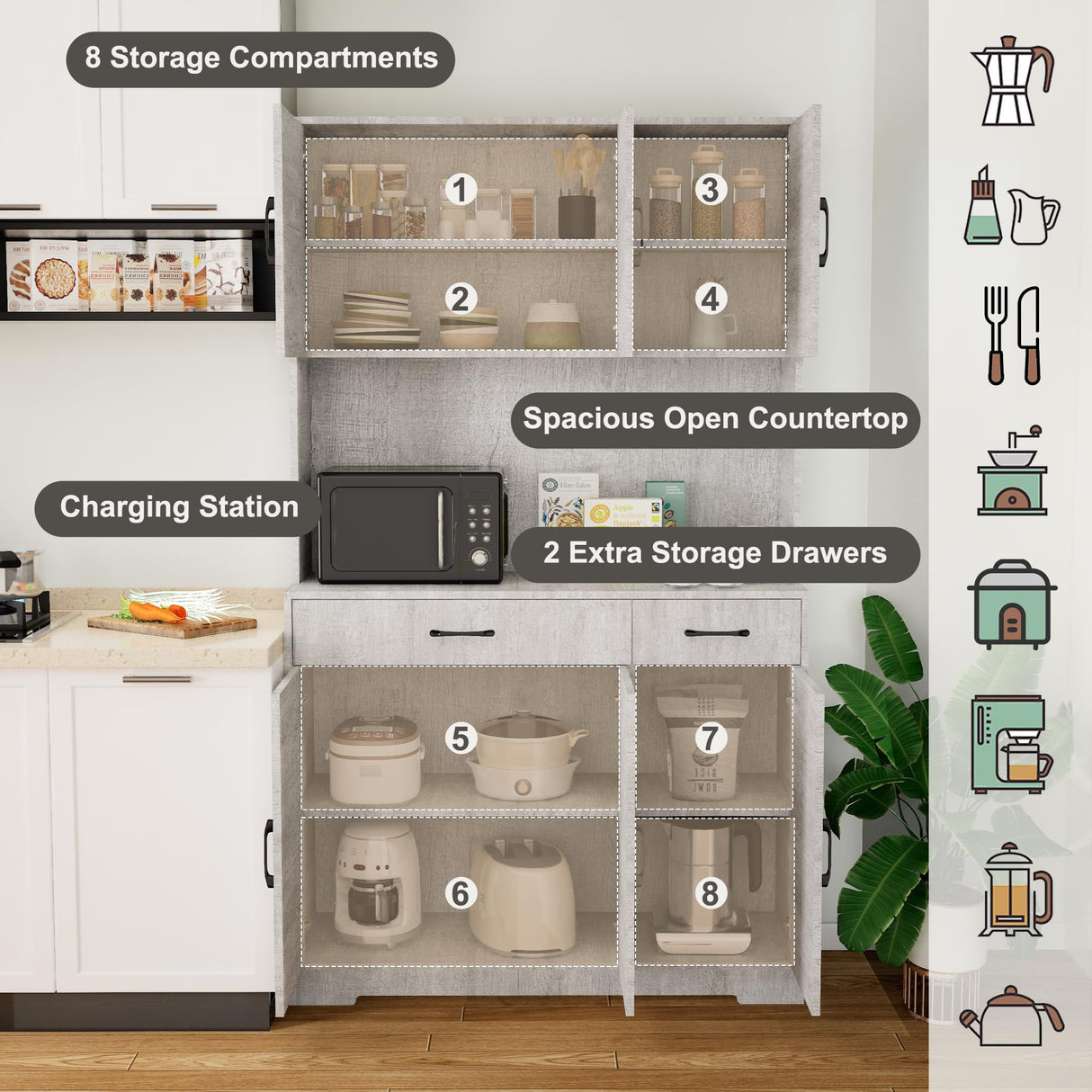Azaeahom 71" Pantry Cabinet with Charging Station, Kitchen Storage Cabinet with Microwave Stand, 8-Zone Organization, 2 Smooth-Glide Drawers, Open Countertop for Dining, Kitchen, Living Room (Gray) Azaeahom