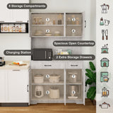 Azaeahom 71" Pantry Cabinet with Charging Station, Kitchen Storage Cabinet with Microwave Stand, 8-Zone Organization, 2 Smooth-Glide Drawers, Open Countertop for Dining, Kitchen, Living Room (Gray) Azaeahom