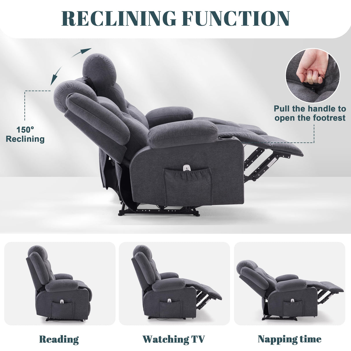 Reedvales Oversized Recliner Sofa with Heat and Massage, Big Large 3-Seater RV Recliner Couch Sofa for Living Room, Wall-Hugger Reclining Sofa with Cup Holders and USB Port (Fabric, Grey) Reedvales