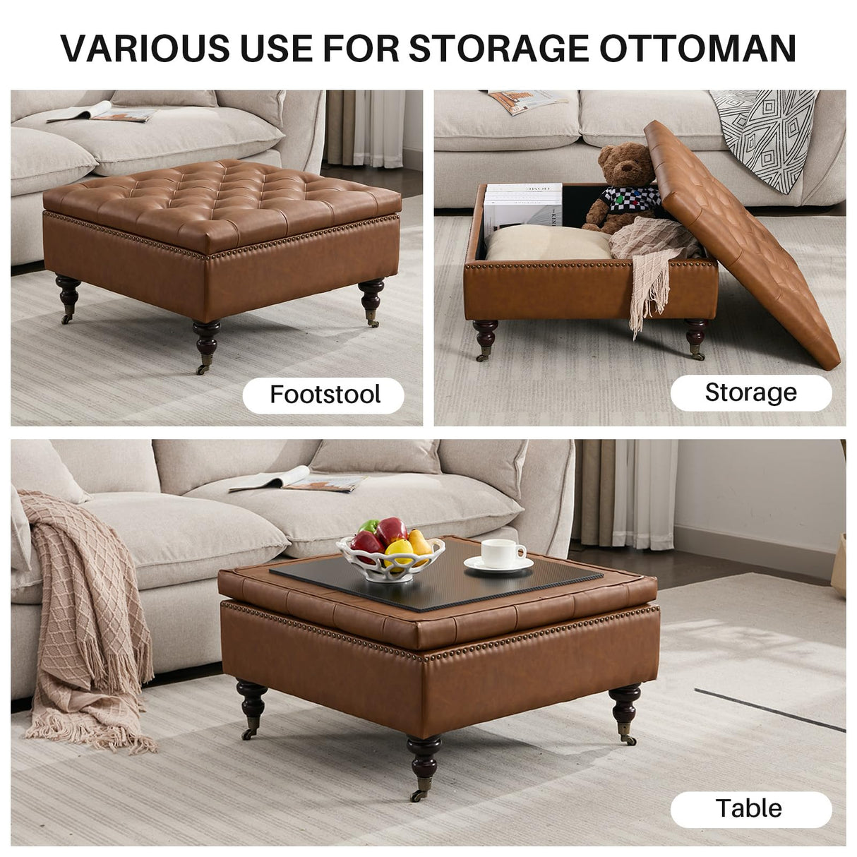 obmedin Large Square Storage Ottoman Uphlostered Tufted Button Coffee Table, Oversized Footrest Bench with Castered Rolling Wheels for Living Room, Brown Faux Leather obmedin