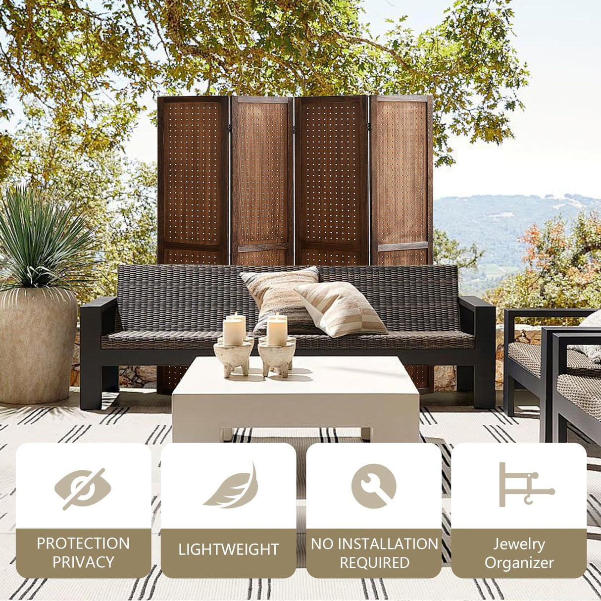 Leesinwing 4 Panel Room Dividers and Folding Privacy Screens, 5.6Ft Wooden Pegboard Display, Privacy Dividers for Bedroom, Portable Dispxlay Board Organizer for Store, Jewelry Display, Dark Brown Leesinwing