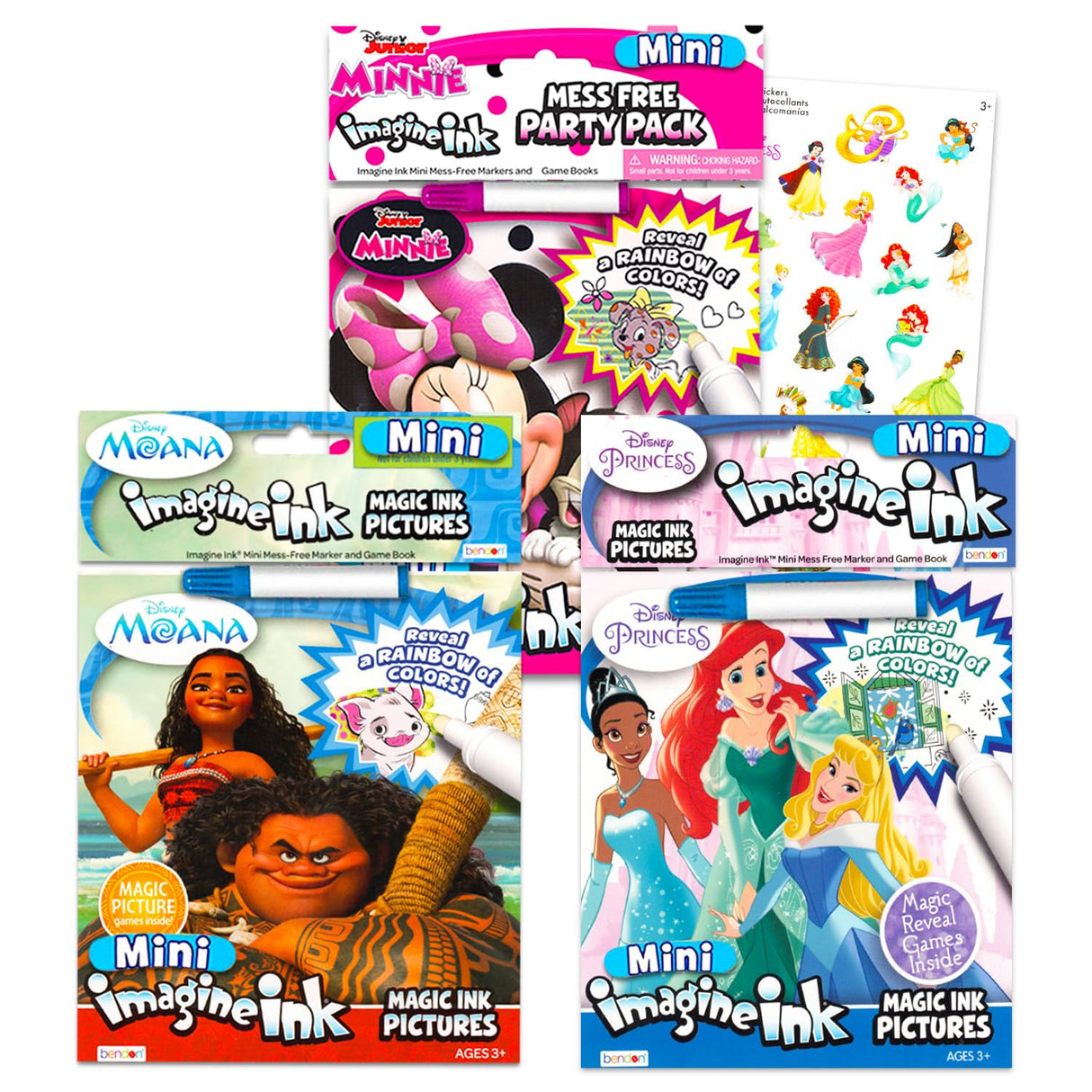 Disney Princess Magic Ink Coloring Book Set - Bundle with 3 Imagine Ink Books for Girls Kids Toddlers Featuring Disney Princess, Moana, and Minnie Mouse with Invisible Ink Pen and Stickers Disney
