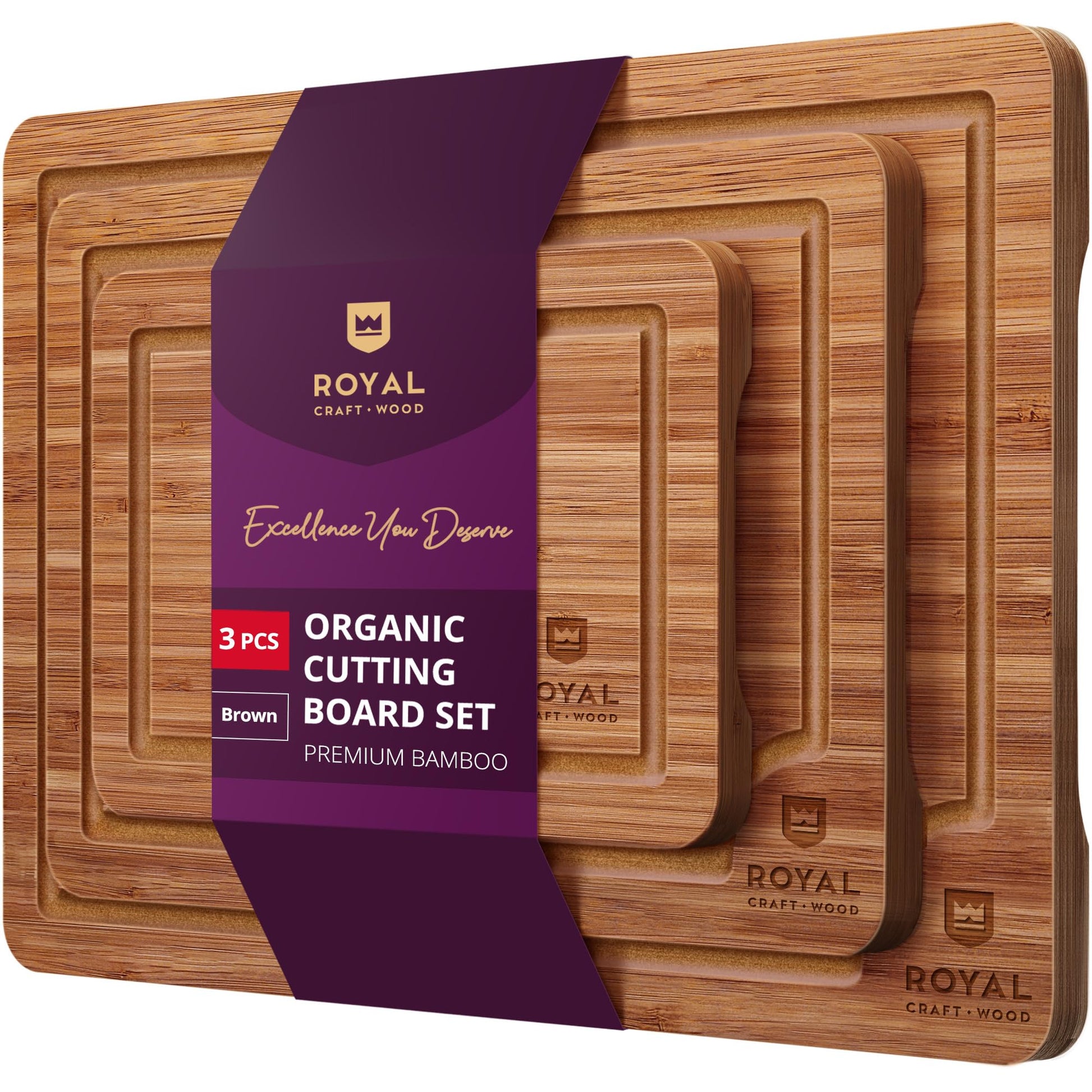 ROYAL CRAFT WOOD Wooden Cutting Boards for Kitchen Meal Prep & Serving - Bamboo Wood Serving Board Set with Deep Juice Groove Side Handles - Charcuterie & Chopping Butcher Block for Meat (3 P - WoodArtSupply