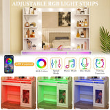 HUAHUU Vanity Desk with Mirror and Lights, Makeup Vanity Desk with Lights 3 Colors, Transparent Top Vanity with 2 RGB Drawers, 6 Shelves, Large Tempered Cabinet, Power Outlet, for Bedroom, White HUAHUU